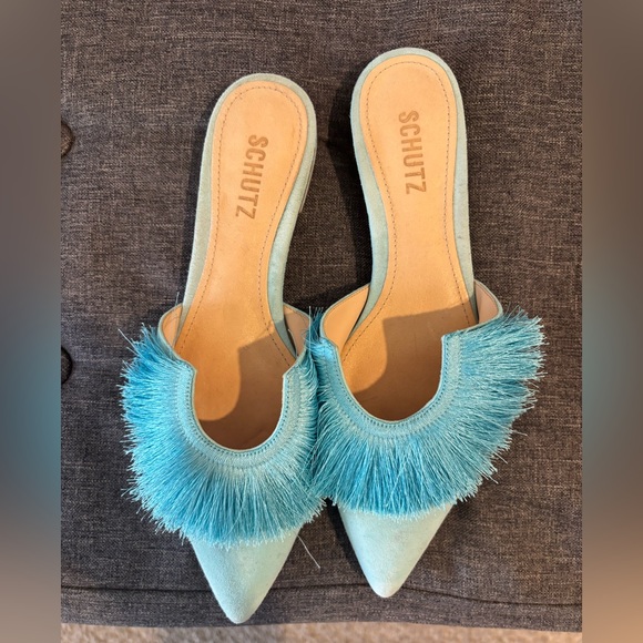 Schutz Brenle Turquoise Blue Suede Fringe Slip On Pointed Toe Flat Mules Size 9 - Picture 3 of 4